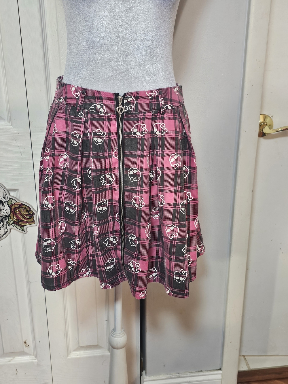 Hot Topic Pink Plaid Skater Skirt with Skull Print